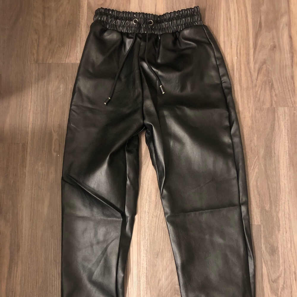 Black leather joggers